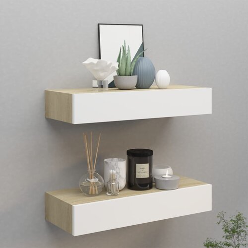 VidaXL zidne police s ladicama 2 kom hrast i bijele 60x23,5x10 cm MDF Slike