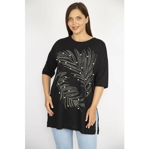 Şans Women's Plus Size Black Stone And Pearl Embroidered Crew Neck Blouse with Side Slit Cene