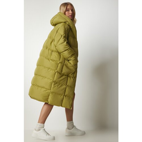  Women's Oil Green Hooded Oversized Long Down Coat Cene