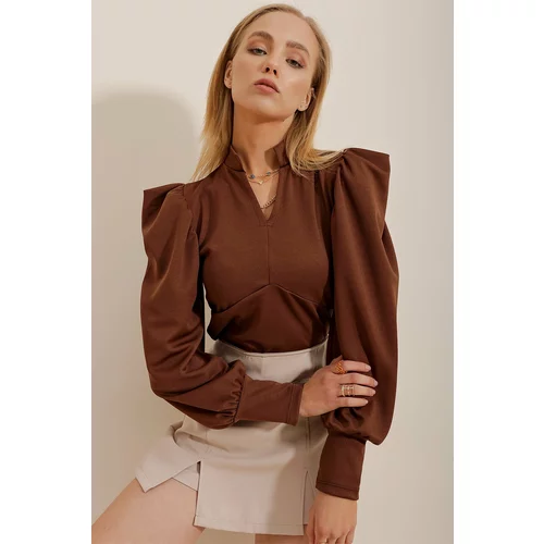 Trend Alaçatı Stili Women's Brown Cream Collar Princess Sleeve Knit Crop Top