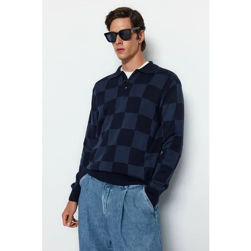Trendyol Men's Navy Blue-Indigo Regular Fit Checkered Polo Neck Knitwear Sweater