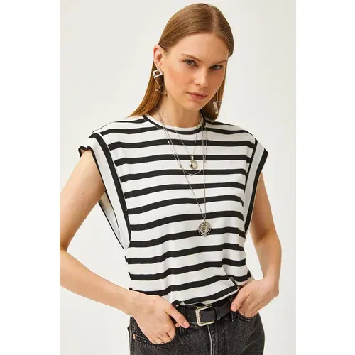 Olalook Women's White Underarm Piece Striped Lycra T-Shirt