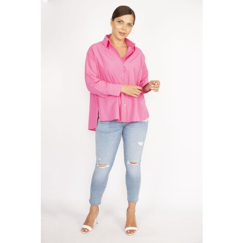 Şans Women's Plus Size Pink Poplin Fabric Front Buttoned Long Sleeve Shirt with Side Slit Slike