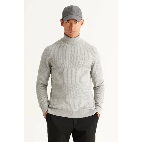 AC&Co / Altınyıldız Classics Men's Gray Melange Recycle Standard Fit Regular Cut Full Turtleneck Cotton Jacquard Knitwear Sweater.