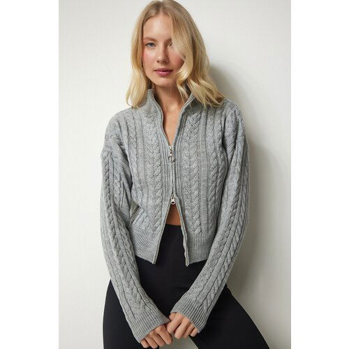 Happiness İstanbul Women's Gray Zippered Knitting Pattern Sweater Cardigan Slike