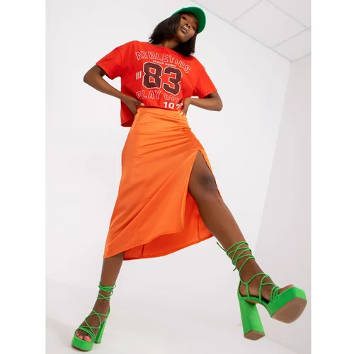 Fashion Hunters Orange faux satin skirt with a slit RUE PARIS