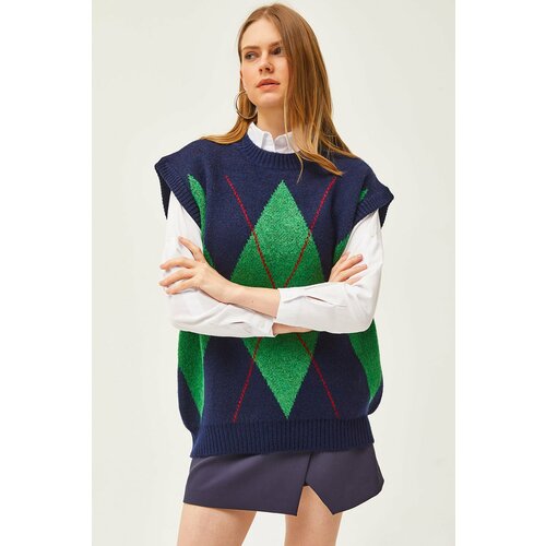 Olalook Women's Navy Blue Green Diamond Pattern Soft Textured Oversize Thick Sweater Slike