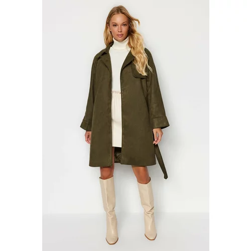 Trendyol Khaki Oversize Wide-Cut Suede Long Trench Coat with Sash Detail