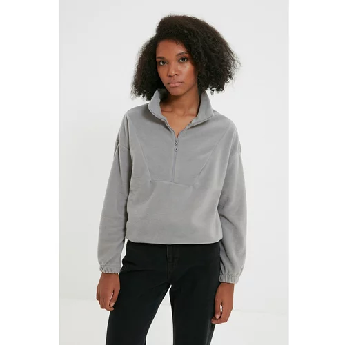 Trendyol Gray Zipper Detailed Fleece Knitted Sweatshirt