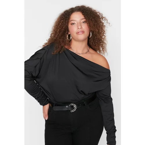 Trendyol Curve Black Boat Neck Pleated Detailed Knitted Blouse