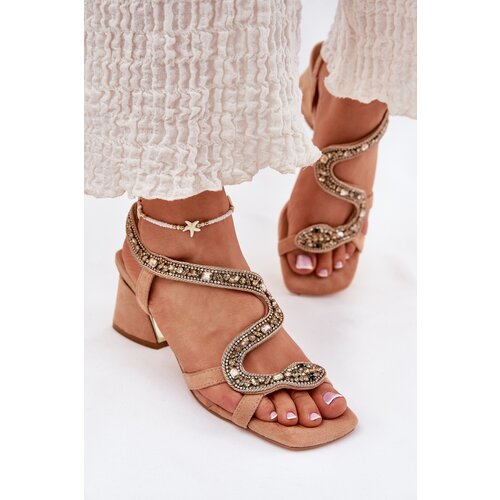 ARTIKER Women's Heeled Sandals With Crystals Beige Cene