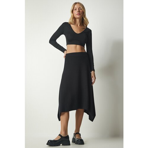 Happiness İstanbul Women's Black Asymmetrical Cut Corduroy Knitted Skirt Slike