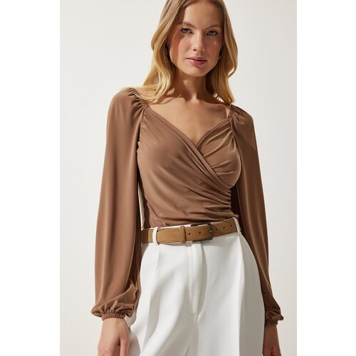  Women's Dark Beige Elastic Balloon Sleeve Sandy Knitted Blouse Cene