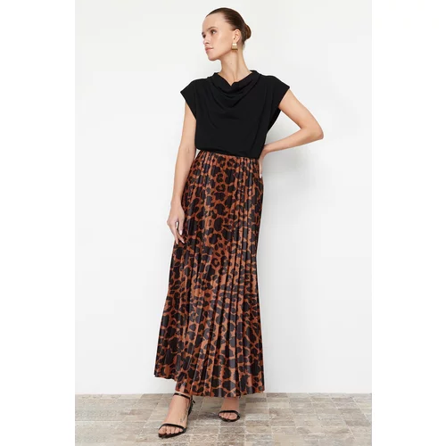 Trendyol Brown Pleated Animal Print Printed Stretchy Knitted Skirt