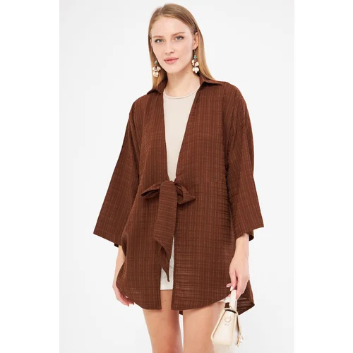 armonika Women's Brown Self-Striped Front Tie Kimono Shirt