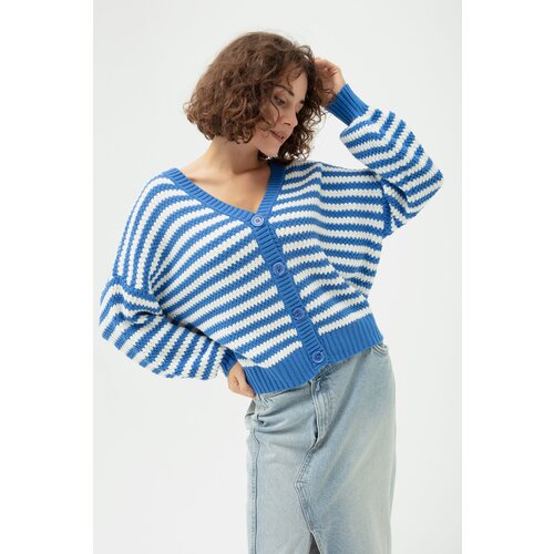 Lafaba Women's Blue Oversize Striped Knitwear Cardigan Slike