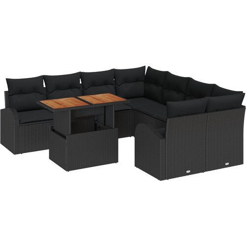 vidaXL 9-delna vrtnarska garnitura s blazinami Črna poli ratan, 2-sedežna vrtnarska sofa s shrambo in blazinami Črna poli ratan Cene