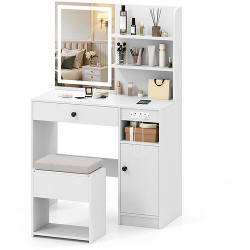 Namještaj Toaletni stolić s ogledalom i rasvjetom i stolicom, kozmetički stolić, bijeli Cijene