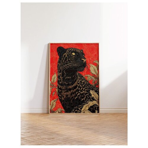 Wallxpert uramljena slika 115265, crni panter sa lišćem na crvenoj pozadini, 50 x 70 cm, ram u boji prirodnog drveta Cene