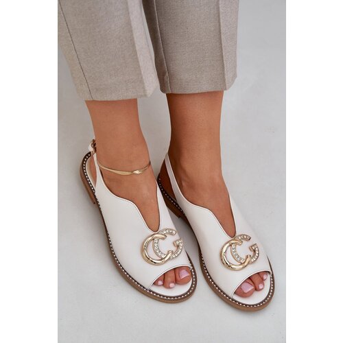 Laura Messi Leather Sandals On A Flat Heel With Decoration Light Beige 2865 Slike