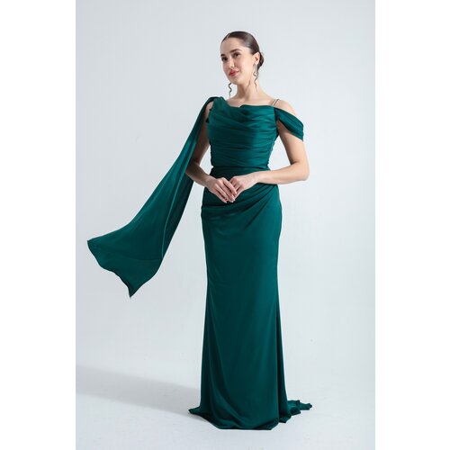 Lafaba women's emerald green one-shoulder stone strap long satin evening dress Cene