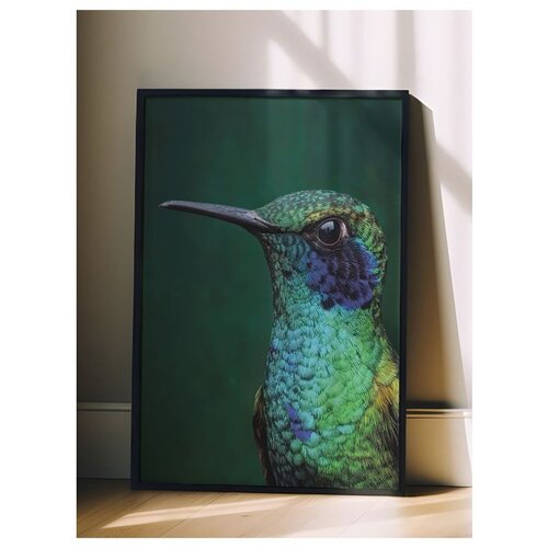 Wallxpert uramljena slika 115245, kolibri u zelenim i plavim tonovima na tamnozelenoj pozadini, 30 x 40 cm, crni ram Cene