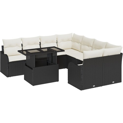 VidaXL 9-komadni Vrtni Sofa Set sa Jastučićima Crni Poli Ratan, 2-Sjedalna Vrtna Sofa sa Skladi&amp;scaron;tem i Jastučićima Crni Poli Ratan Slike