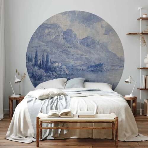  Okrugla fototapeta - Blue bay - Italian landscape of Lake Como painted with blue ink 180x180 Cene