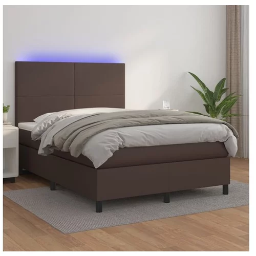 Box spring postelja z vzmetnico LED rjava 140x190cm um. Usnje