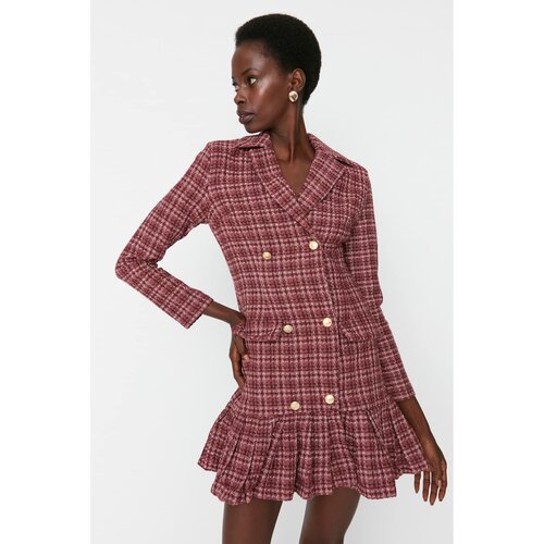 Trendyol Multicolored Flounce Button Detailed Tweed Woven Dress Cene