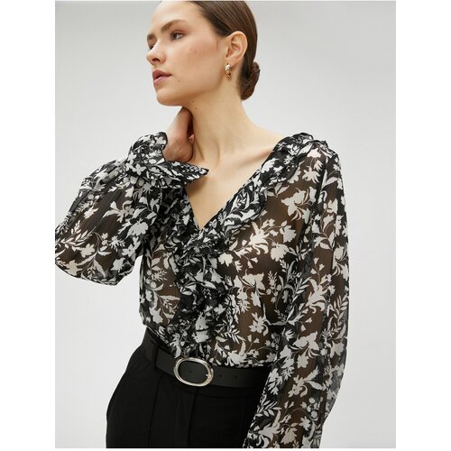 Koton Chiffon Blouse with Floral Rims V-Neck Slike