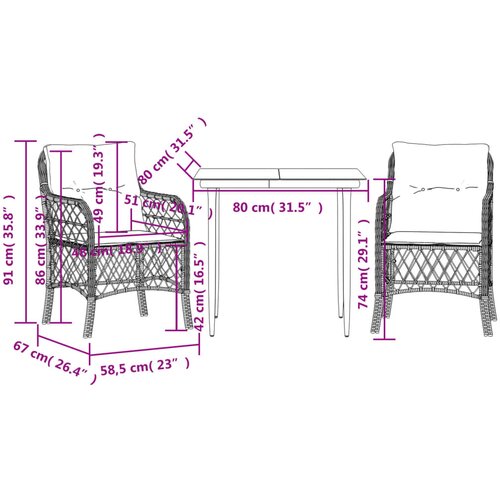  3-dijelni bistro set s jastucima bež od poliratana 80 cm table length Slike
