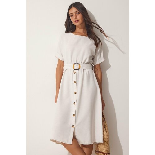 Happiness İstanbul Women's Cream Viscose Linen Summer Dress With Belt Slike