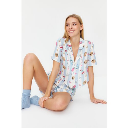 Trendyol Light Blue Leisure Patterned Viscose Shirt-Shorts Woven Pajamas Set Cene