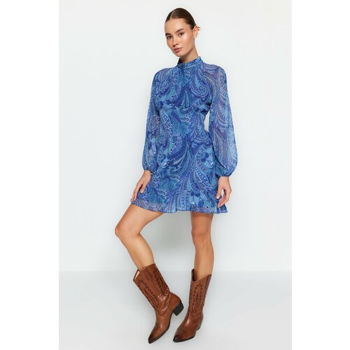 Trendyol Blue Chiffon Knitted Dress With Flared Skirt Slike