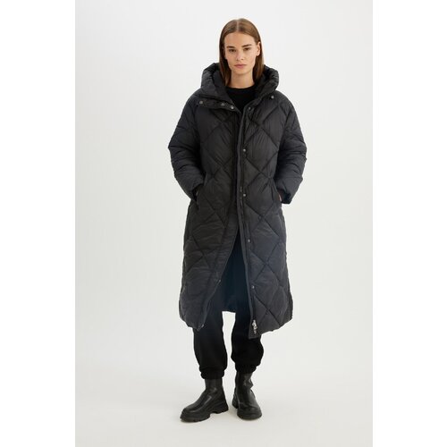 Defacto Water Repellent Hooded Long Coat Parka Quilted Zipper Snap Closure Pocket Slike