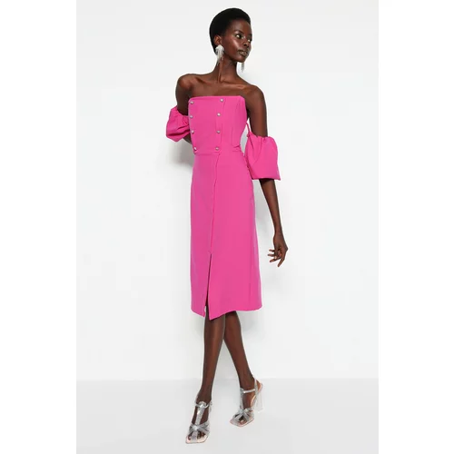 Trendyol Fuchsia Fitted Evening Dress with Woven Accessories