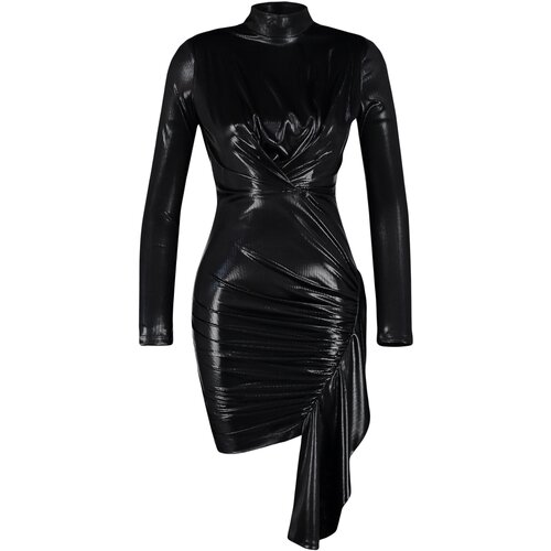 Trendyol Black Fitted Knitted Shimmering Draped Dress Slike