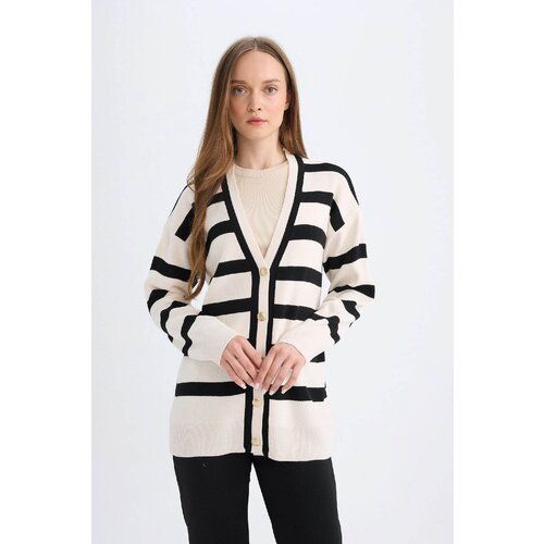 Defacto Regular Fit V Neck Striped Button-Down Tunic Knitwear Cardigan Slike