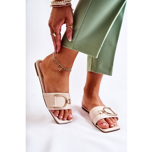 Kesi Women&amp;#039;s Classic Leather Slippers With Decoration Beige Shilla Slike