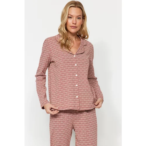 Trendyol Brown 100% Cotton Ethnic Pattern Shirt-Pants Knitted Pajamas Set