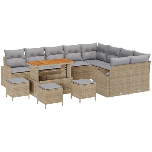 vidaXL set vrtnih sofa od 13 komada s jastučićima Bež Poly Rattan Acacia, 2-sjedala vrtni sofa s odlaganjem i jastučićima Bež Poly Rattan, 4-komadni set vrtne blagovaonice s jastučićima Bež Poly Rattan Acacia Cijene