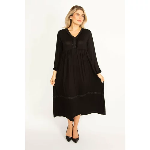 Şans Women's Plus Size Black Flare Detail Long Sleeve Layered Dress