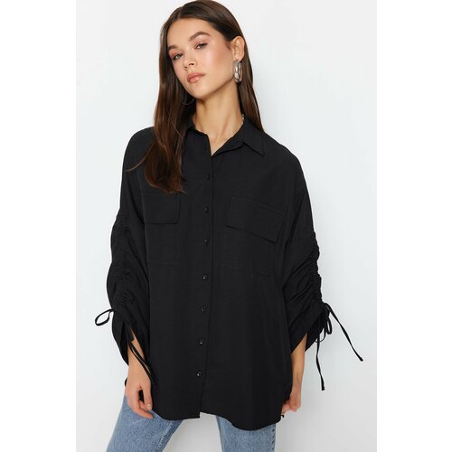 Trendyol Black Adjustable Shirring Sleeves, Woven Cotton Shirts Cene