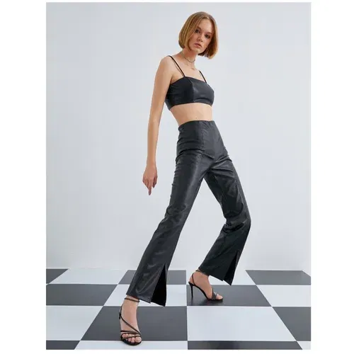 Koton Leather Look Wide Leg Trousers with Slit Legs