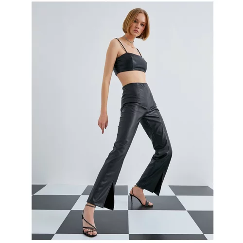 Koton Leather Look Wide Leg Trousers with Slit Legs