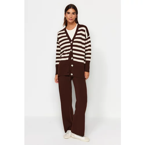 Trendyol Dark Brown Button Detailed Jacquard Striped Cardigan Trousers Knitwear Two Piece Set