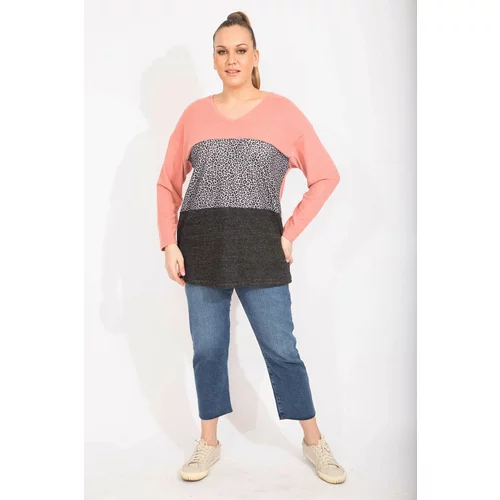 Şans Women's Plus Size Colorful Comfortable Cut Soft Fabric Color And Pattern Combined Sweatshirt