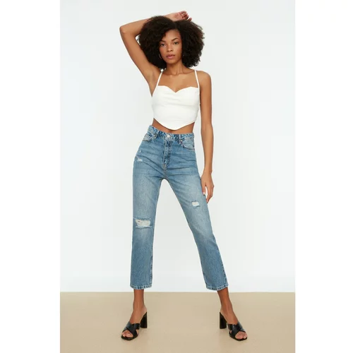 Trendyol Blue Ripped Detailed High Waist Bootcut Jeans
