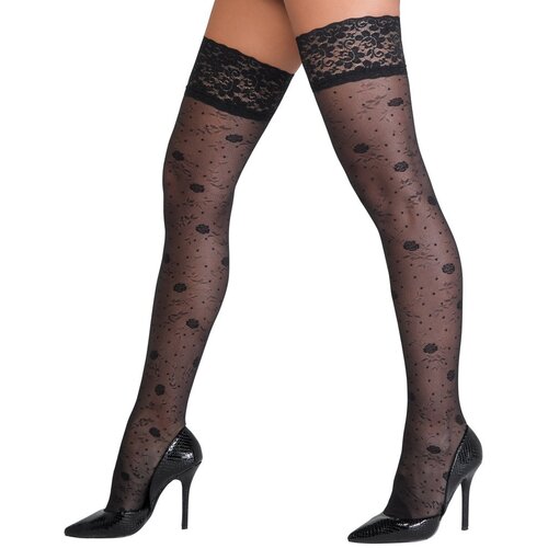 Cottelli Hold-up Stockings with Delicate Rose Pattern 2520710 Black 1-XS Slike